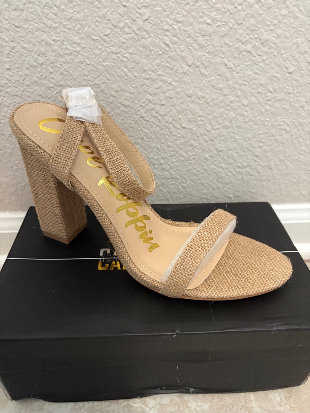 Beige Textured Block Heel Sandal